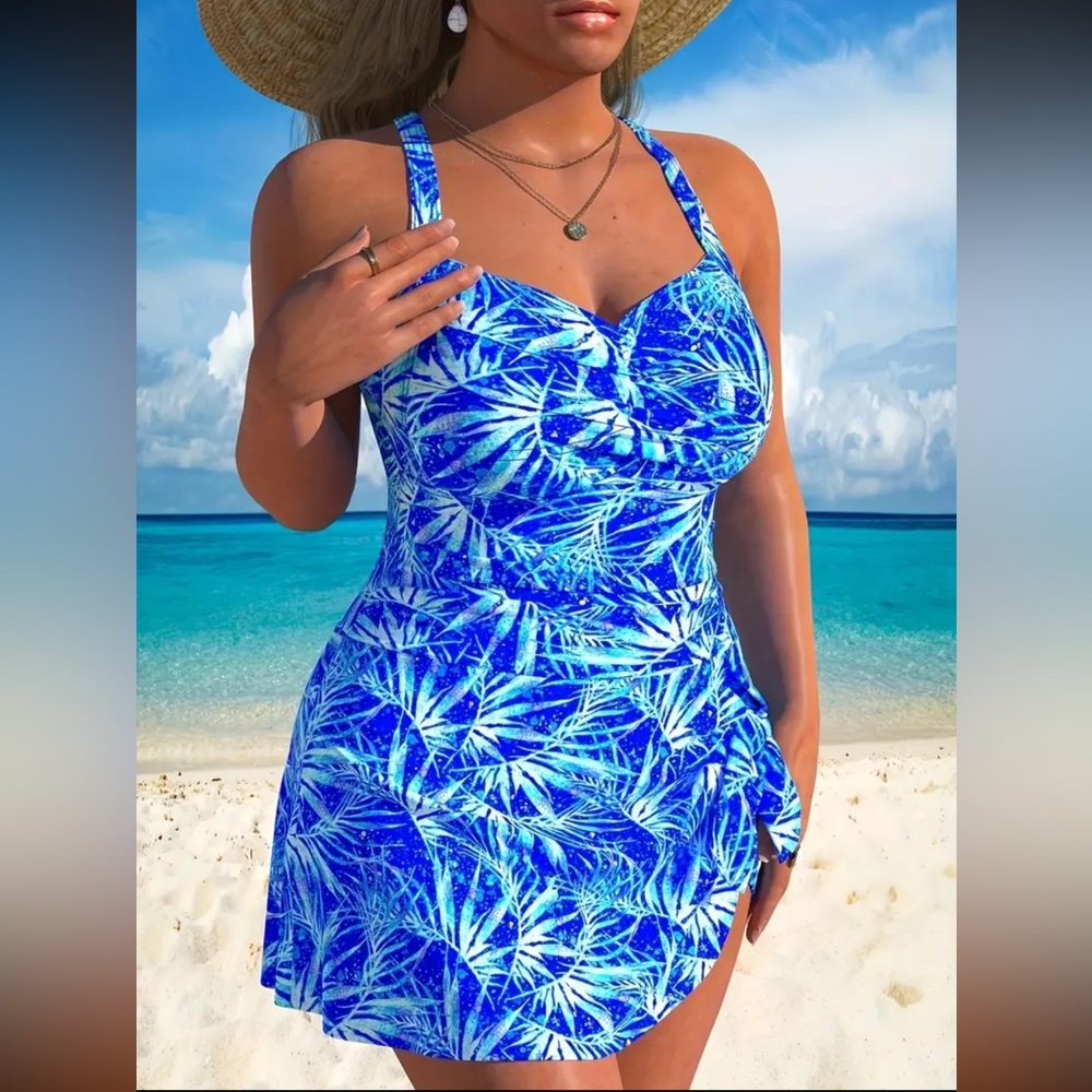 NEW 1 Piece Swim Dress, blue floral leaf print - #SW-D1-0110 - Picture 3 of 7
